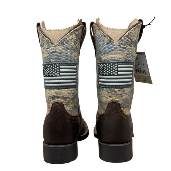 Ariat Kids 8 Western Cowboy Boots 10027279 Brown Camo Flag Leather Square Toe - Picture 10 of 15
